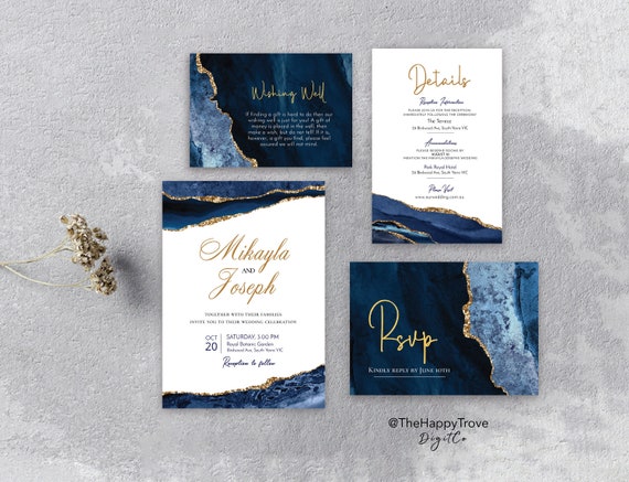 NOVA Navy Blue & Gold Printable Wedding Invitation Set, editable instant download, digital download, template