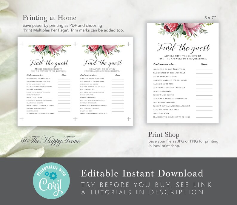 digital download electronic P1 template 12 Protea Bridal Shower Game Bundle Set editable instant download