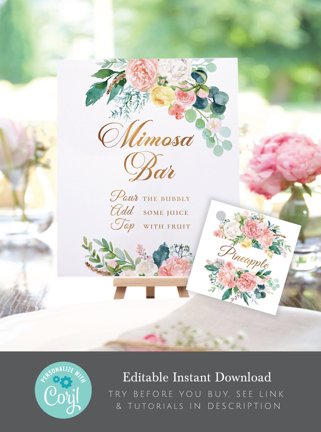 Blush Mimosa Bar Sign and Tag, Editable Digital Instant Download