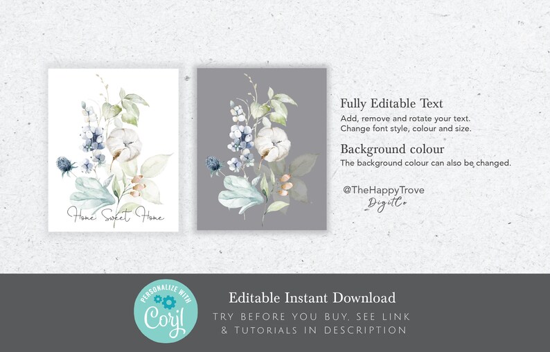 Hamptons Style Dusty Blue Floral Wall Art Set of 3, editable digital instant download, template 8x10 5x7 portrait image 3