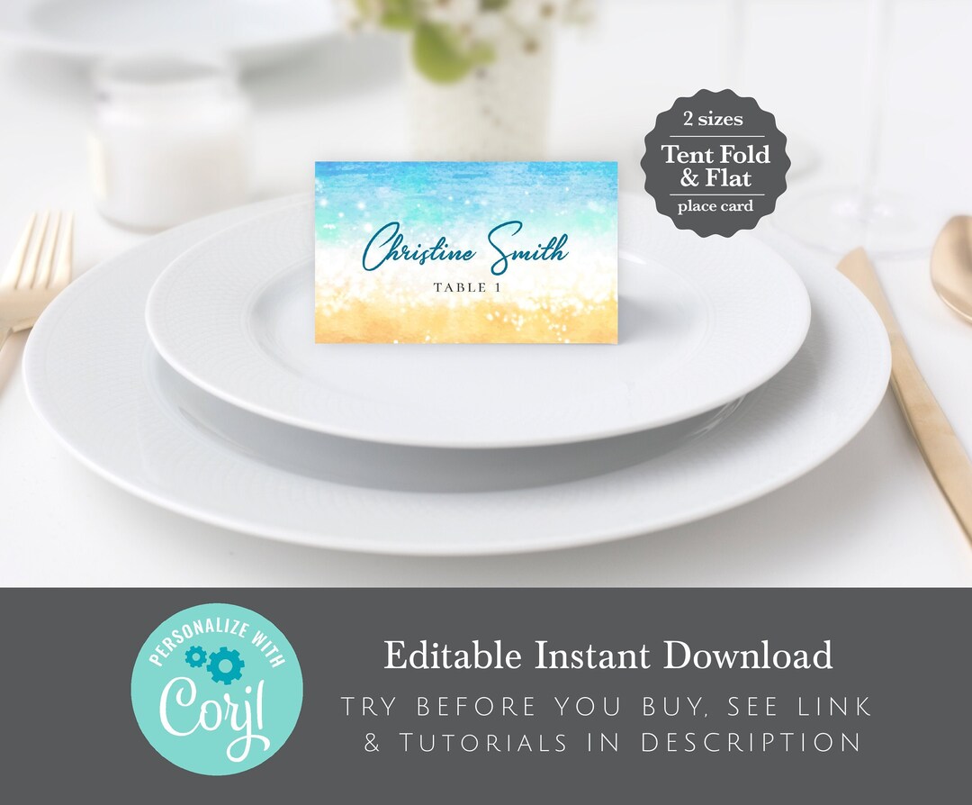 Beach Themed Place Cards, Editable Digital Instant Download, Template 3 ...