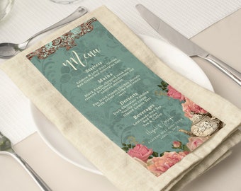 Modèle de menu sur le thème ALICE au pays des merveilles, menu menthe blush, menu vintage, menu contes de fées, menu shabby chic, théière, menu