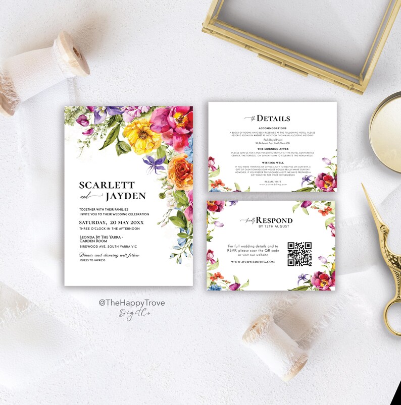 Maximalist Colorful Floral Wedding Invitation Set: Vibrant Garden Design (Digital Download) ELINA image 2