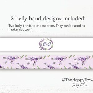 May include: Two designs for belly bands, one with a lavender wreath and the initials "H&J" and the other with a lavender floral pattern. The text "@TheHappyTrove DigitCo" is at the bottom of the image.