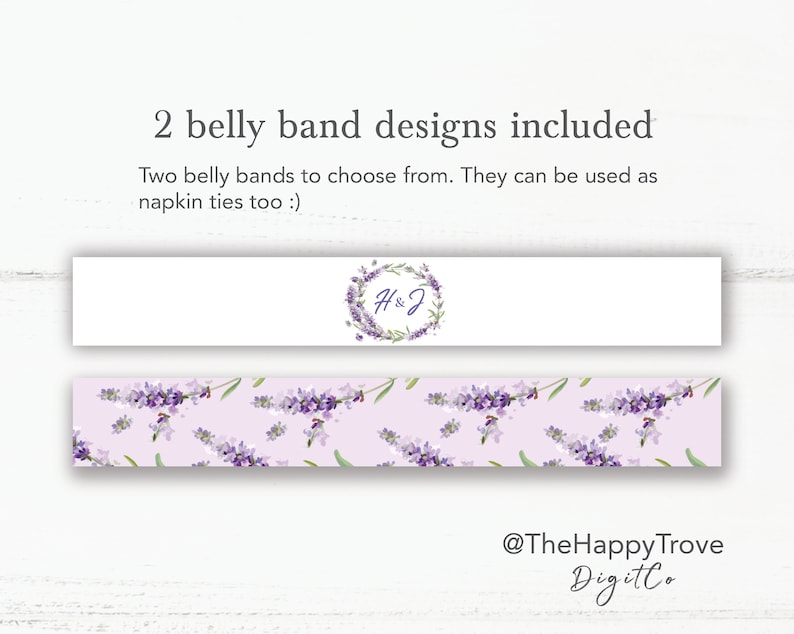 May include: Two designs for belly bands, one with a lavender wreath and the initials "H&J" and the other with a lavender floral pattern. The text "@TheHappyTrove DigitCo" is at the bottom of the image.