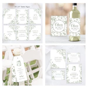 May include: A collection of wedding stationery with a floral design in shades of green and white. Includes table signs, wine labels, a reserved sign, and cards for guests. The signs are 8" x 11".