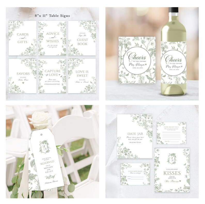 May include: A collection of wedding stationery with a floral design in shades of green and white. Includes table signs, wine labels, a reserved sign, and cards for guests. The signs are 8" x 11".