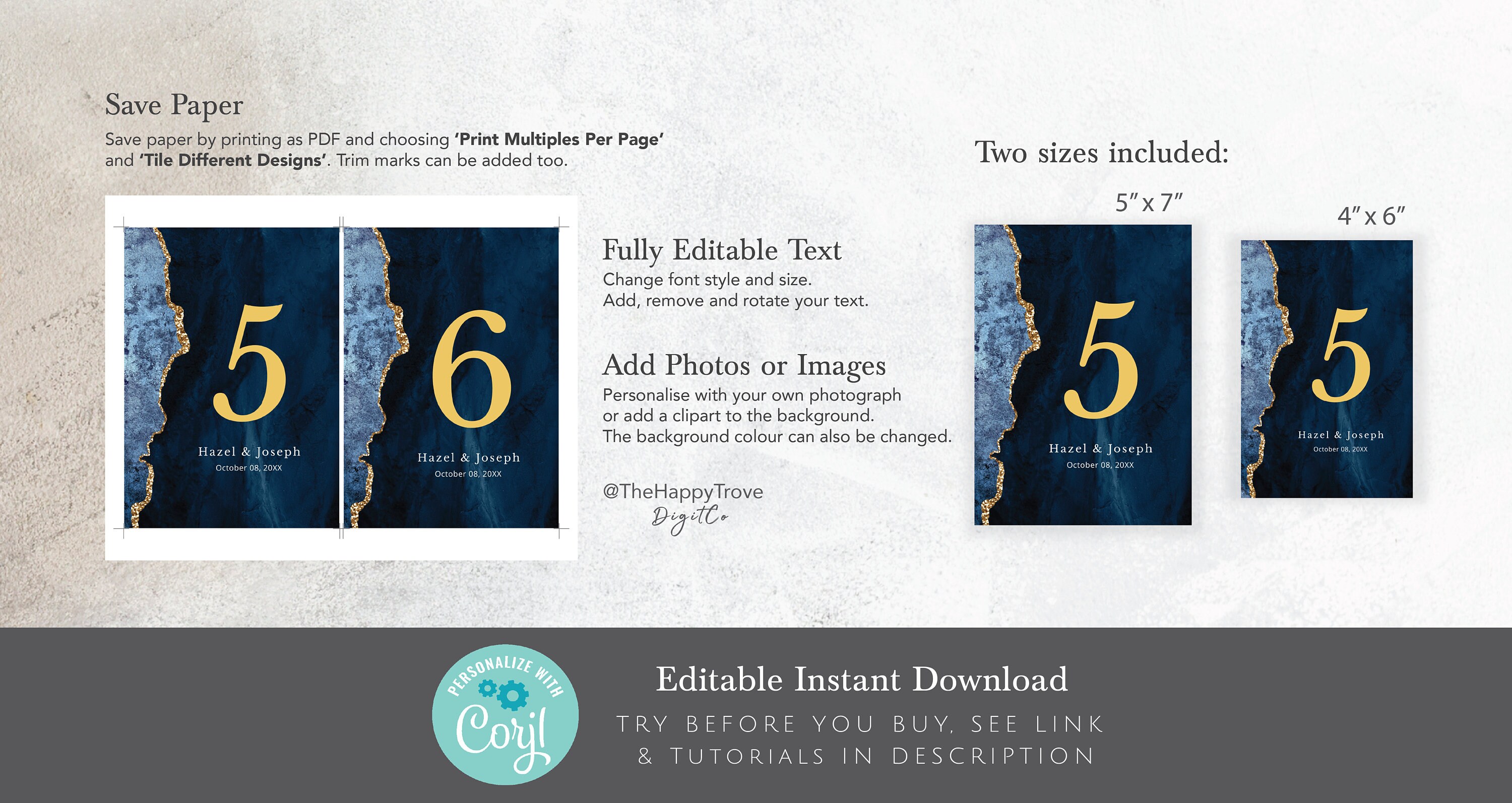 NOVA Navy Blue & Gold Table Number Signs Editable Digital Etsy