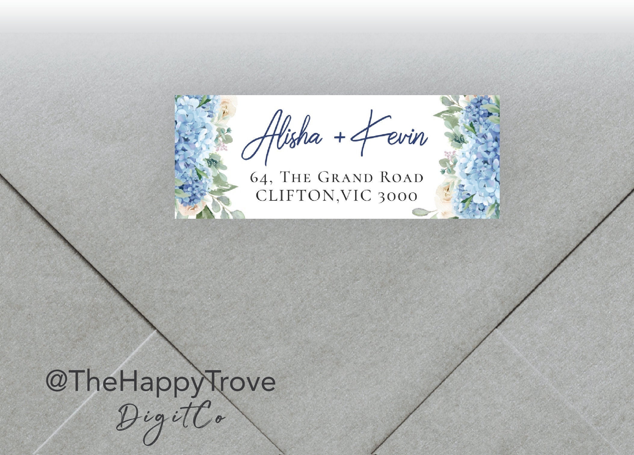 Étiquette d'adresse de retour SINI bleu hortensia, téléchargement numérique instantané modifiable, modèle, mariage