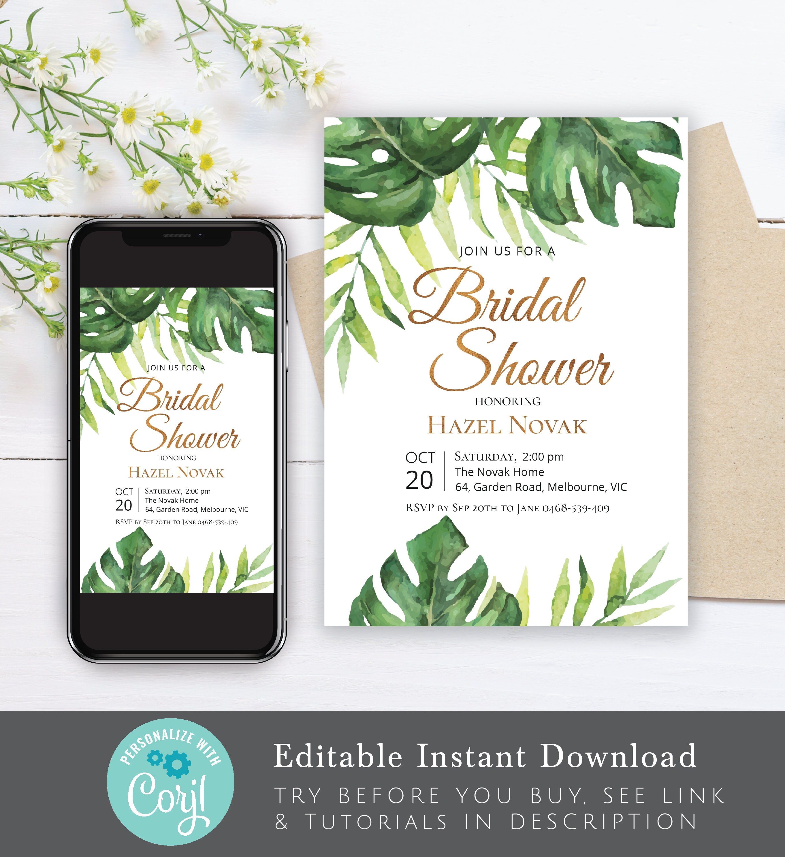 Tropical themed Bridal Shower Invitation editable instant Etsy