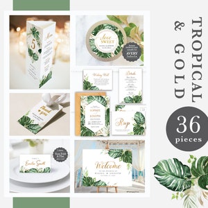 Plantilla de paquete de invitación de boda con temática tropical y dorada, suite de invitación de boda, paquete de plantillas de boda, invitación de boda TG1
