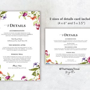 May include: Two wedding details cards with floral borders. The cards are white with black text and include information about accommodations, the morning after brunch, and wishing well gifts. The text on the cards reads "The Details".