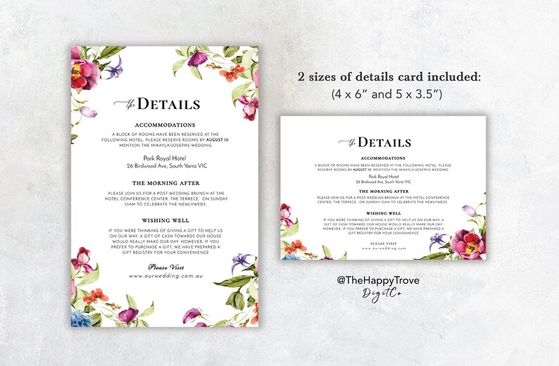 May include: Two wedding details cards with floral borders. The cards are white with black text and include information about accommodations, the morning after brunch, and wishing well gifts. The text on the cards reads "The Details".