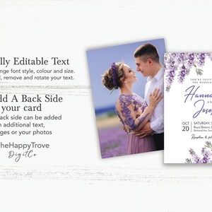 May include: Purple wedding invitation with a floral design featuring lavender flowers. The invitation text reads "You're invited to the wedding of Hannah and Joseph. Oct 20, Saturday, 3:00 PM, Royal Botanic Garden,  Botanic Ave, South Yarra VIC. Reception to follow."