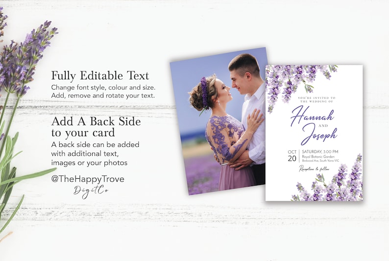 May include: Purple wedding invitation with a floral design featuring lavender flowers. The invitation text reads "You're invited to the wedding of Hannah and Joseph. Oct 20, Saturday, 3:00 PM, Royal Botanic Garden,  Botanic Ave, South Yarra VIC. Reception to follow."