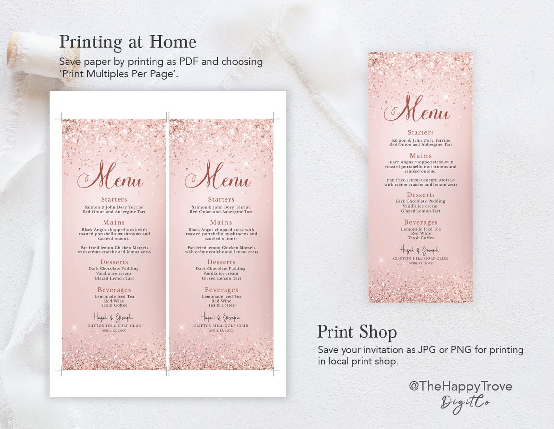Rose Gold Glitter Wedding Menu Template (digital Download) ROSA - Etsy
