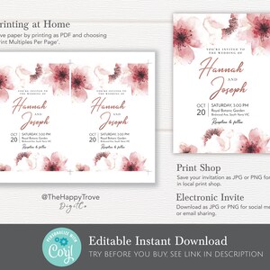 K&ouml;nnte beinhalten: Editierbare Hochzeitseinladungsvorlage mit Aquarell-rosa Blumen und dem Text "You're invited to the wedding of Hannah and Joseph" mit Datum und Uhrzeit der Hochzeit. Die Vorlage steht zum sofortigen Download bereit.