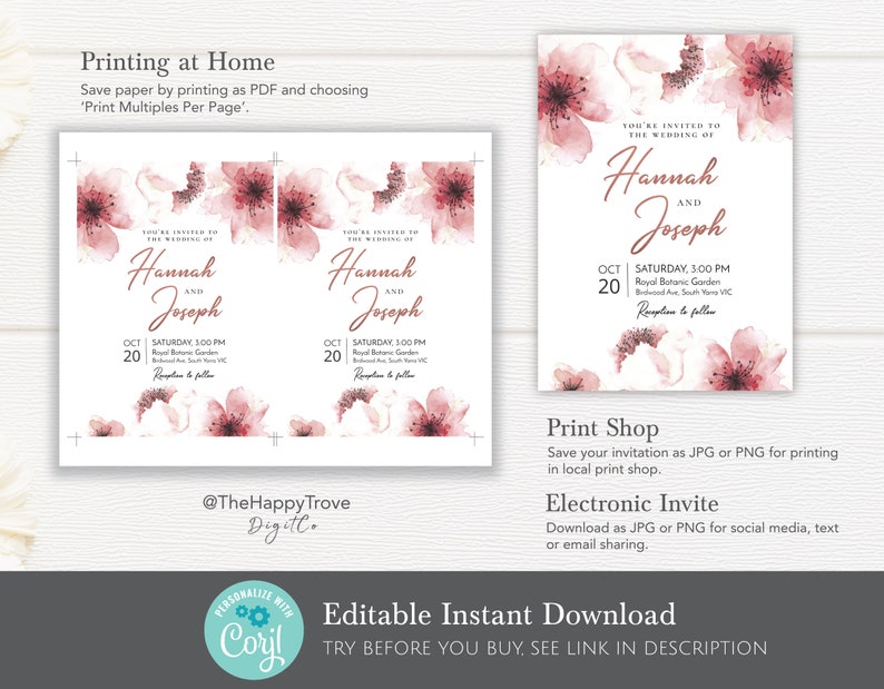 K&ouml;nnte beinhalten: Editierbare Hochzeitseinladungsvorlage mit Aquarell-rosa Blumen und dem Text "You're invited to the wedding of Hannah and Joseph" mit Datum und Uhrzeit der Hochzeit. Die Vorlage steht zum sofortigen Download bereit.