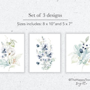 Hamptons Style Dusty Blue Floral Wall Art Set of 3, editable digital instant download, template 8x10 5x7 portrait image 2