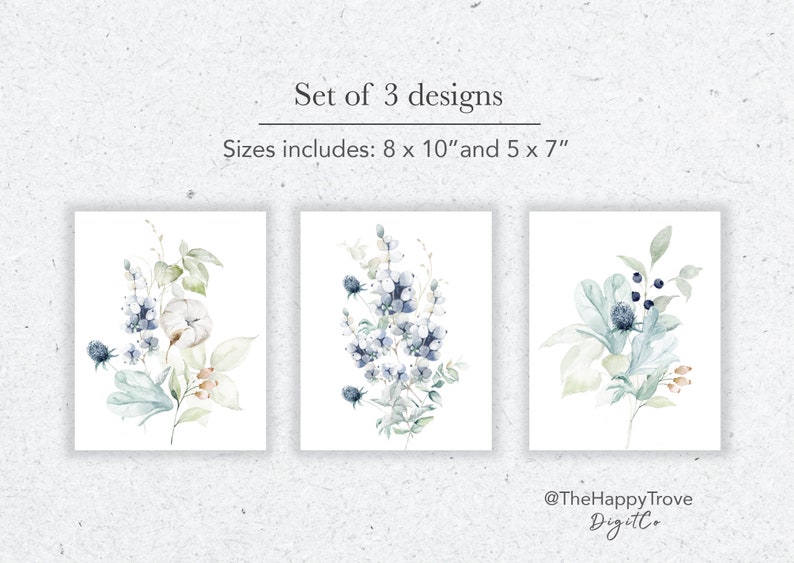Hamptons Style Dusty Blue Floral Wall Art Set of 3, editable digital instant download, template 8x10 5x7 portrait image 2