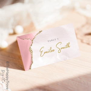Tarjeta de lugar RUZA rosa y dorada, tarjeta de carpa dorada ruborizada, tarjetas de asiento rosa pálido, plantilla de tarjetas de carpa y planas de 3.5 x 2"