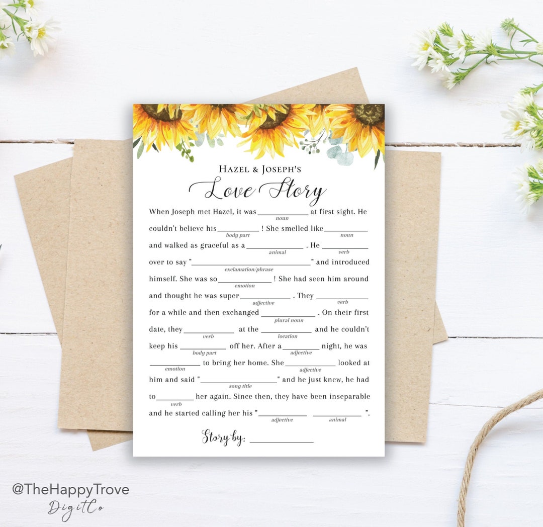 Sunflower Bridal Shower Game, Love Story, Mad Libs, Editable Instant