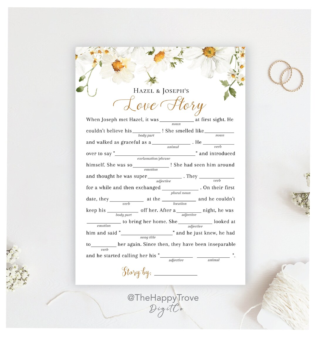 DAISY Bridal Shower Game, Love Story Mad Libs, Editable Download