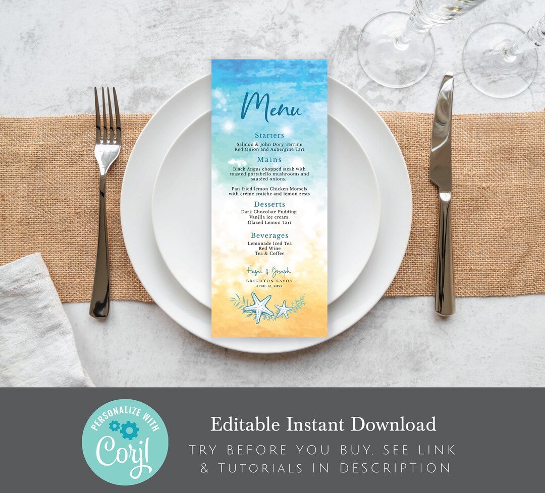 Beach Themed Menu, Editable Digital Instant Download, Template 3.75"x9 ...