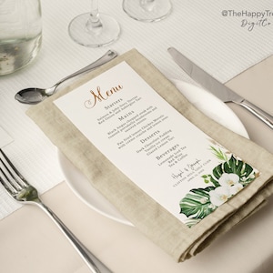 SUZANA Tropisch Groen Goud Witte Orchidee Trouwmenu Tropische Bestemming Trouwmenu Tropisch Strand Menu Groene Palmbladeren Menusjabloon
