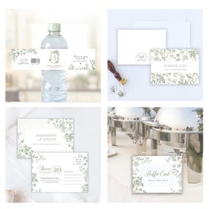 May include: A collection of wedding stationery with a botanical design. Includes water bottle labels, thank you cards, save the date postcards, and buffet cards. The cards feature the text "THANK YOU", "SAMANTHA & JOSEPH", and "Buffet Card".