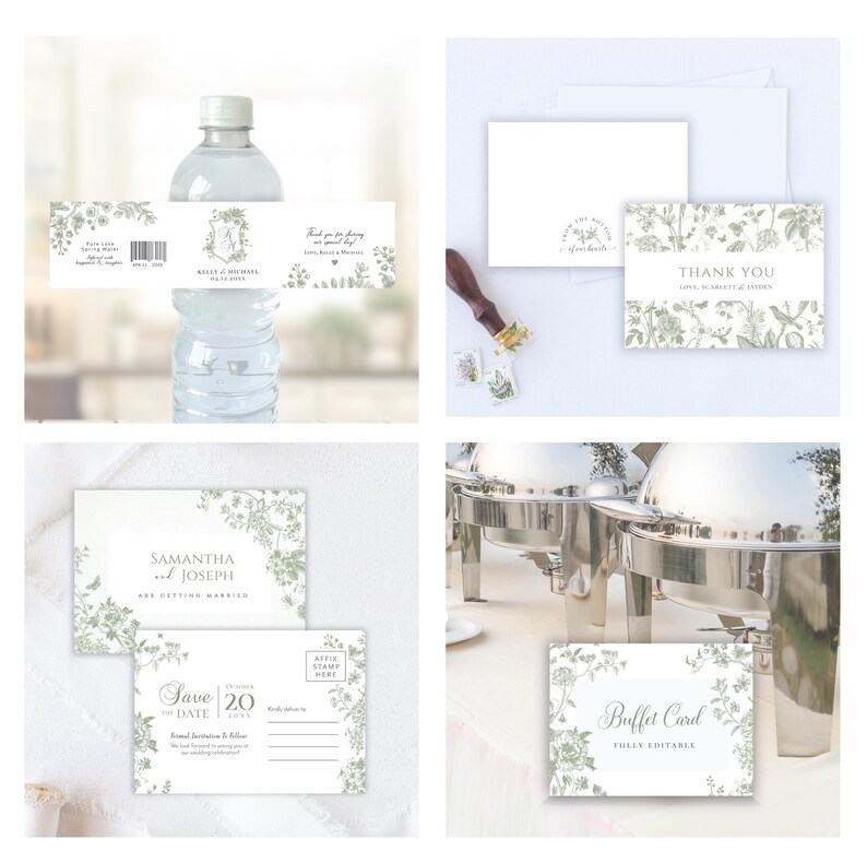 May include: A collection of wedding stationery with a botanical design. Includes water bottle labels, thank you cards, save the date postcards, and buffet cards. The cards feature the text "THANK YOU", "SAMANTHA & JOSEPH", and "Buffet Card".