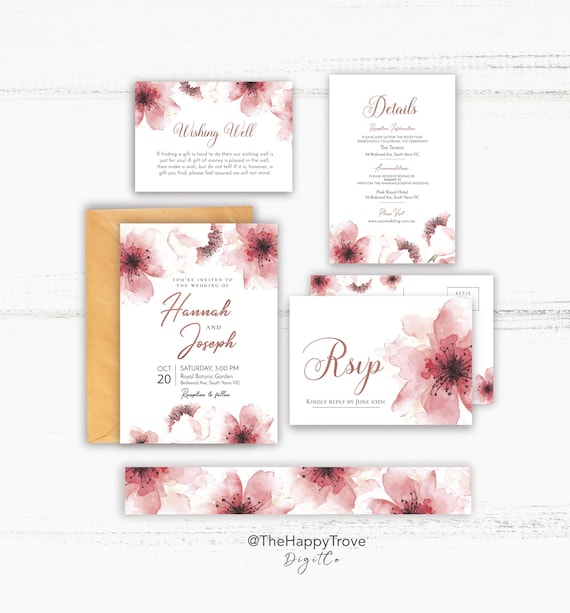 Cherry Blossom themed Printable Wedding Invitation Set, editable instant download, digital download, template CB