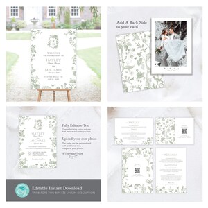 May include: A collection of wedding stationery with a floral design in shades of green and white. The set includes a welcome sign, invitation, and detail cards. The welcome sign displays the names "Hayley" and "Michael". The invitation and detail cards have editable text.