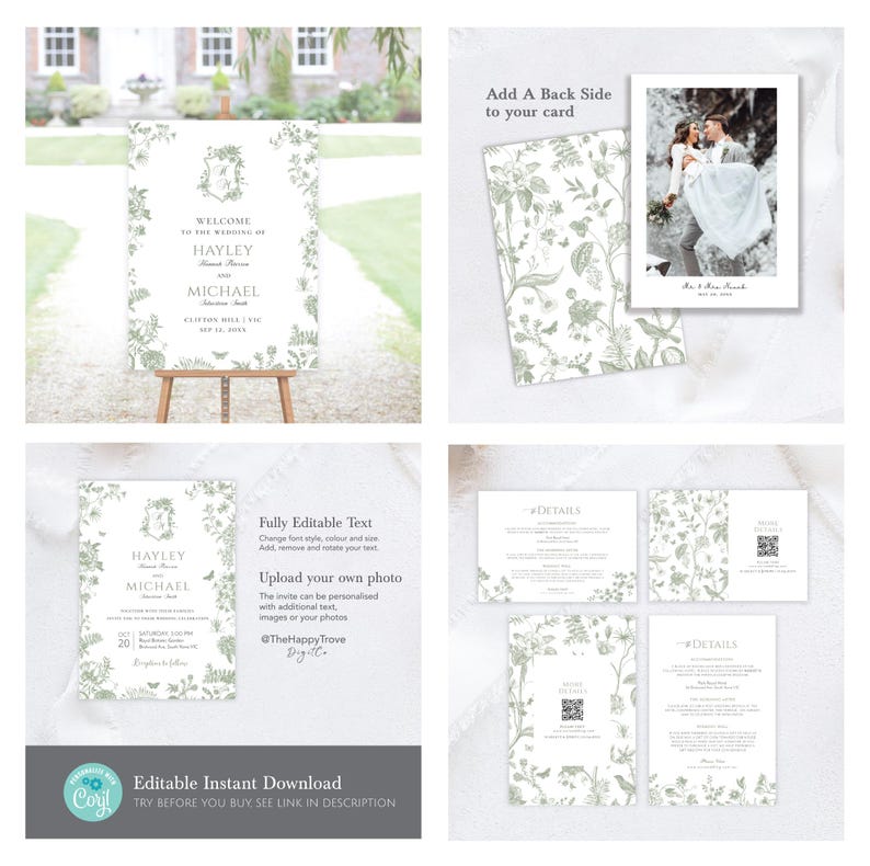 May include: A collection of wedding stationery with a floral design in shades of green and white. The set includes a welcome sign, invitation, and detail cards. The welcome sign displays the names "Hayley" and "Michael". The invitation and detail cards have editable text.