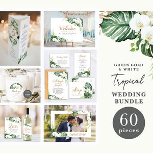 Ensemble de faire-part de mariage tropical vert or blanc orchidée SUZANA