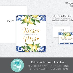 Blue Tiles Lemon Guess How Many Kisses Sign and Card, editable digital instant download, template , bridal shower game, L2 image 3