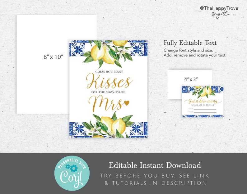 Blue Tiles Lemon Guess How Many Kisses Sign and Card, editable digital instant download, template , bridal shower game, L2 image 3