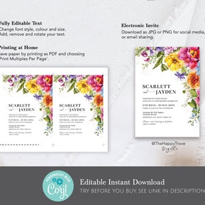 May include: Editable wedding invitation template with a floral design featuring pink, yellow, and orange flowers. The text reads "Scarlett and Jayden" with the wedding date and location. The template is available for instant download.