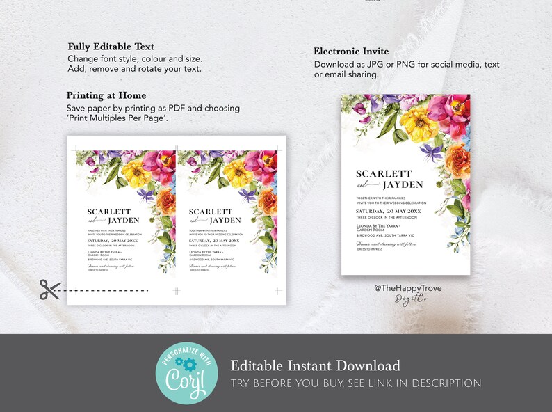 May include: Editable wedding invitation template with a floral design featuring pink, yellow, and orange flowers. The text reads "Scarlett and Jayden" with the wedding date and location. The template is available for instant download.