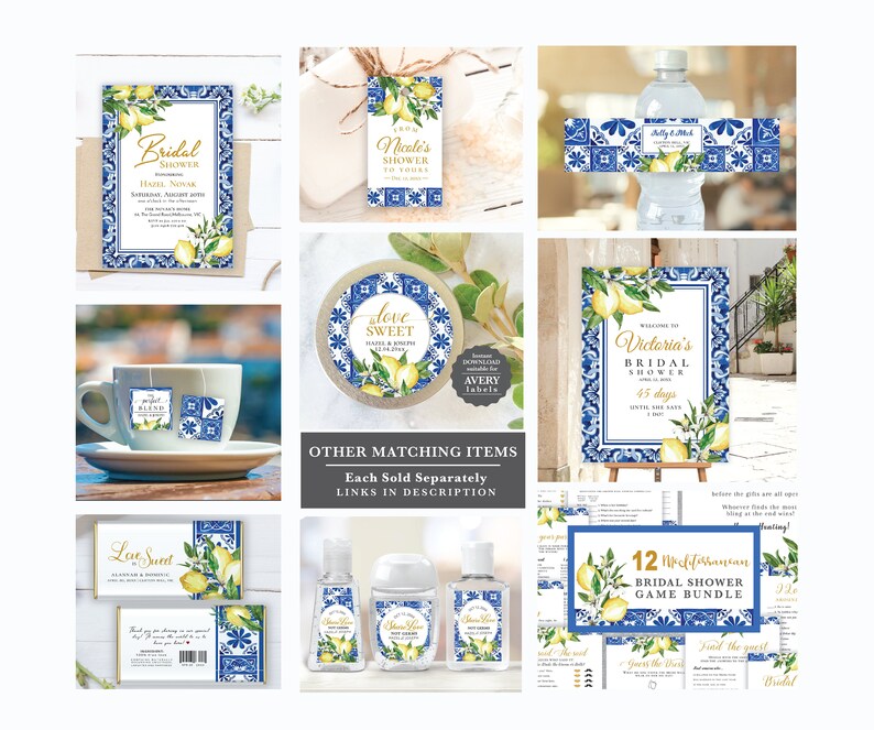 Blue Tiles Lemon Guess How Many Kisses Sign and Card, editable digital instant download, template , bridal shower game, L2 image 2