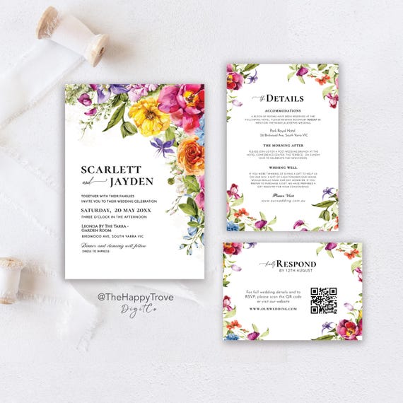 Maximalist Colorful Floral Wedding Invitation Set: Vibrant Garden Design (Digital Download) ELINA