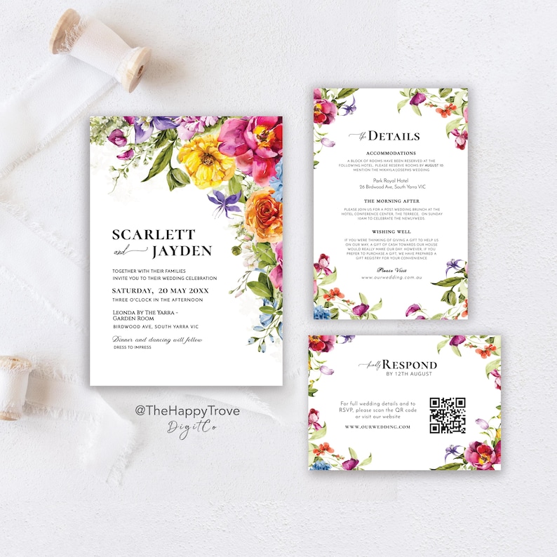 Maximalist Colorful Floral Wedding Invitation Set: Vibrant Garden Design (Digital Download) ELINA image 1
