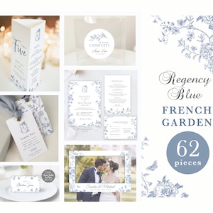 Paquete de invitaciones de boda estilo jardín francés azul Regencia VICTORIA, conjunto de invitaciones chinoiserie azul polvoriento, plantilla de conjunto de invitaciones Bridgeton con diseño de toile francés