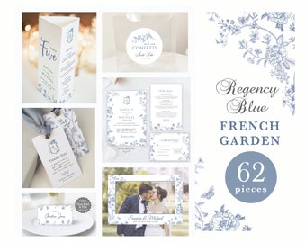 May include: A set of 62 wedding stationery pieces in a Regency Blue French Garden theme. The set includes invitations, RSVP cards, menus, place cards, and thank you cards. The design features a delicate floral pattern in shades of blue.