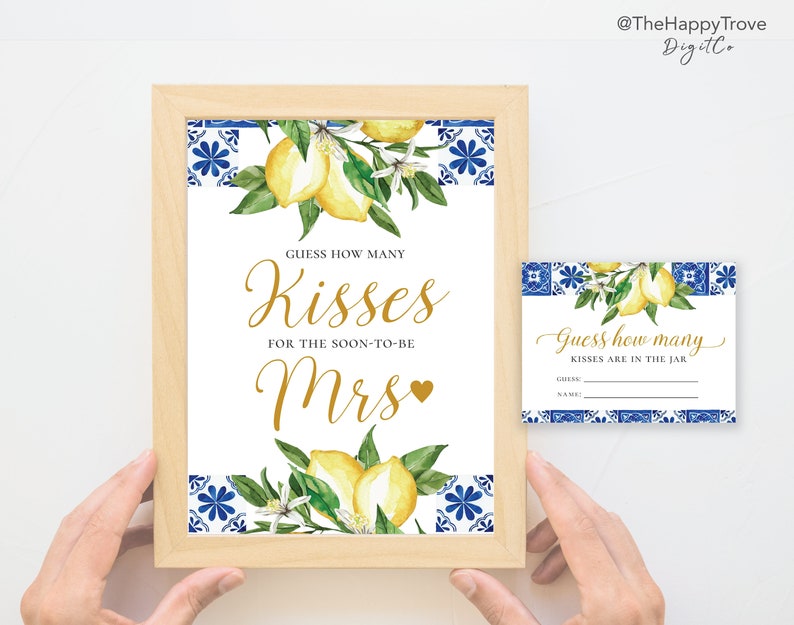 Blue Tiles Lemon Guess How Many Kisses Sign and Card, editable digital instant download, template , bridal shower game, L2 image 1