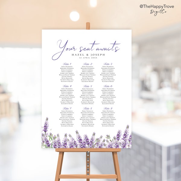 Lavender Seating Chart Sign, poster editable digital instant download,  template A1 A2 24"x36" 18"x24" PU1