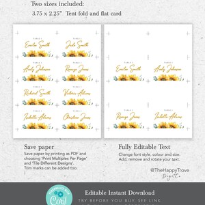 Sunflower Place Cards, Editable Digital Instant Download, Template 3.75 ...