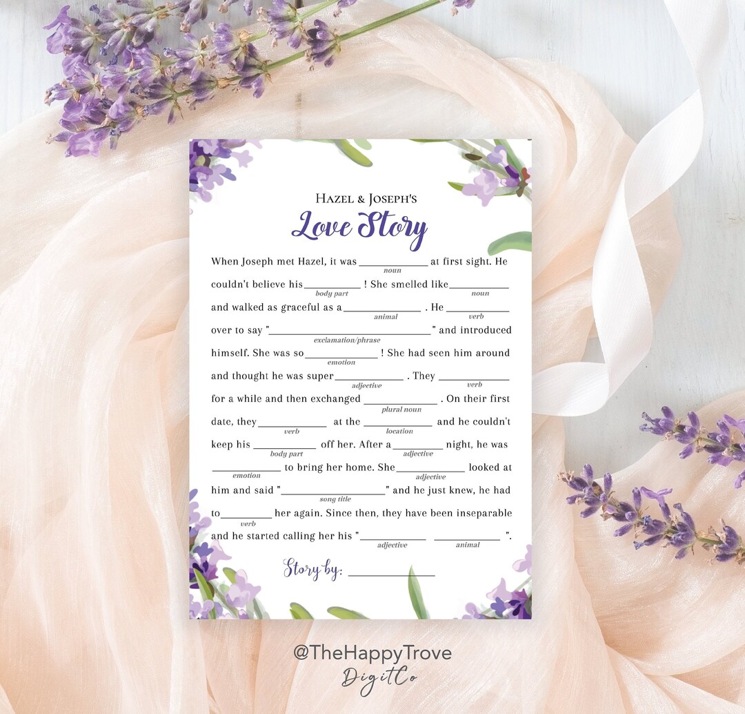 Lavender Bridal Shower Game, Love Story, Mad Libs, Lilac, Purple