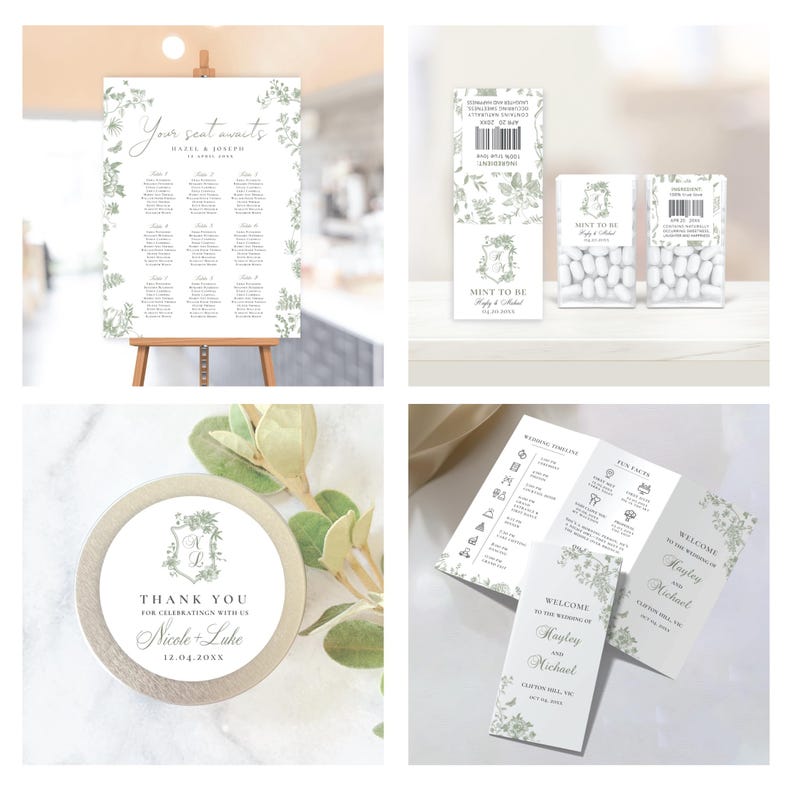 May include: A collection of wedding stationery items, including a seating chart, mint boxes, a coaster, and welcome cards. The designs feature floral accents and elegant typography. The seating chart is displayed on a wooden easel.