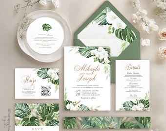 Tropical Green, Gold, White Orchid Wedding Invitation Set (Digital Download)  SUZANA